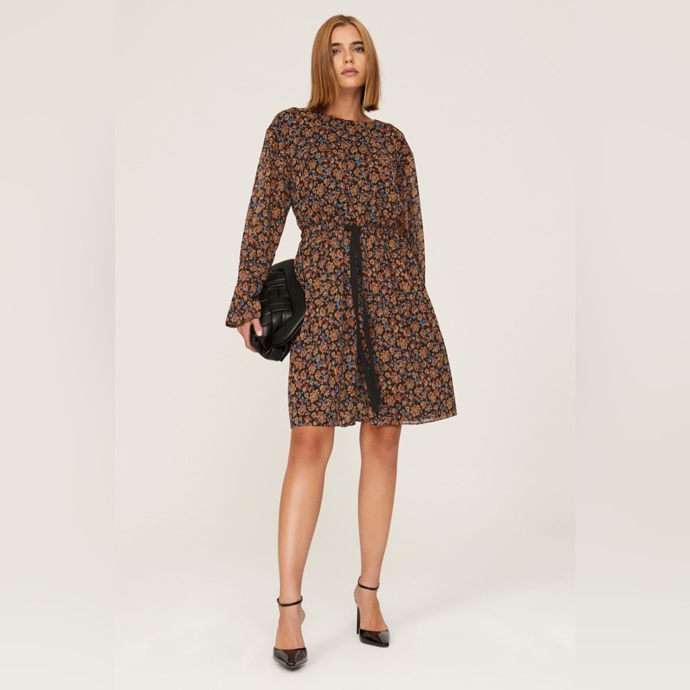 Jason Wu Floral‎ Tie Waist Dress in Black Floral Chiffon Long Sleeve Mini size 2